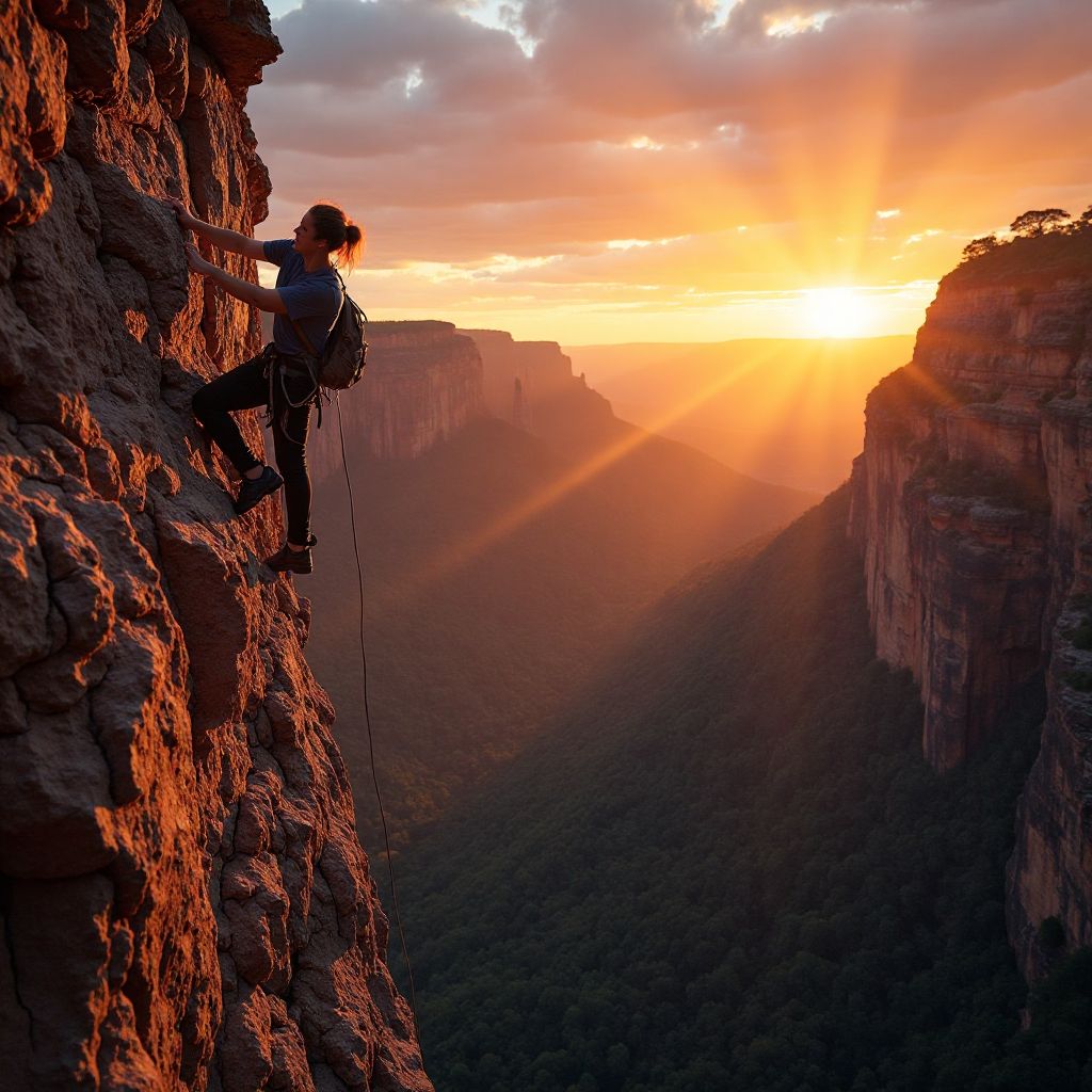 Rock climbing at sunset